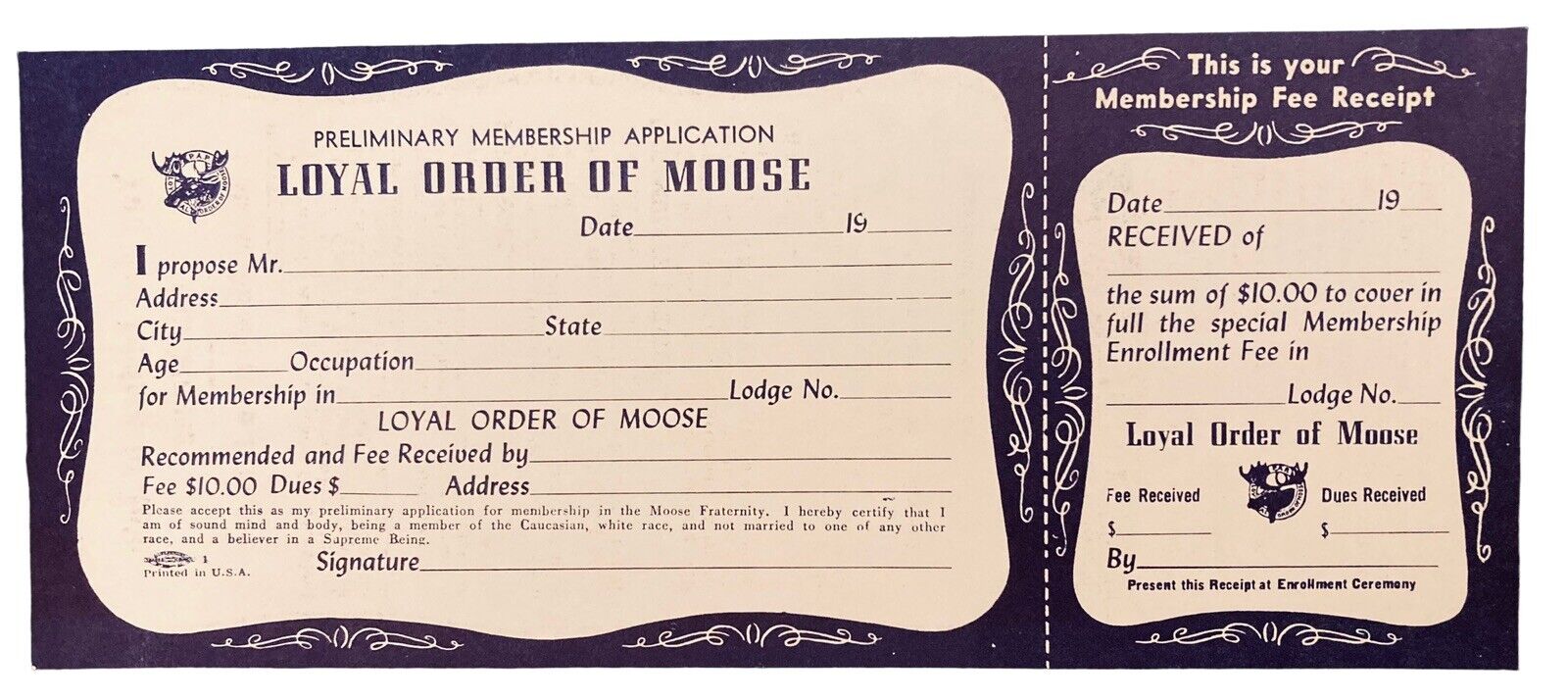 1950s Preliminary Membership Application Loyal Order of Moose Unused Blank