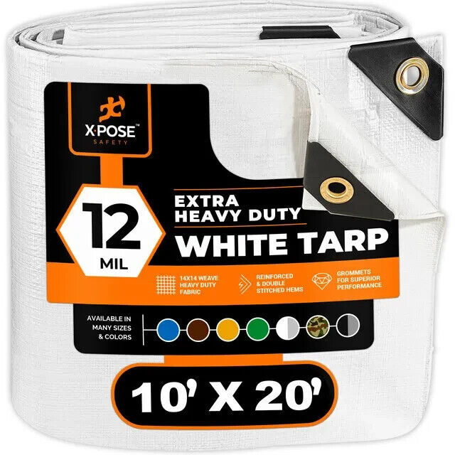 Heavy Duty White Tarp 10\' x 20\' Protective Cover, 12 Mil thick, Poly Tarpaulin