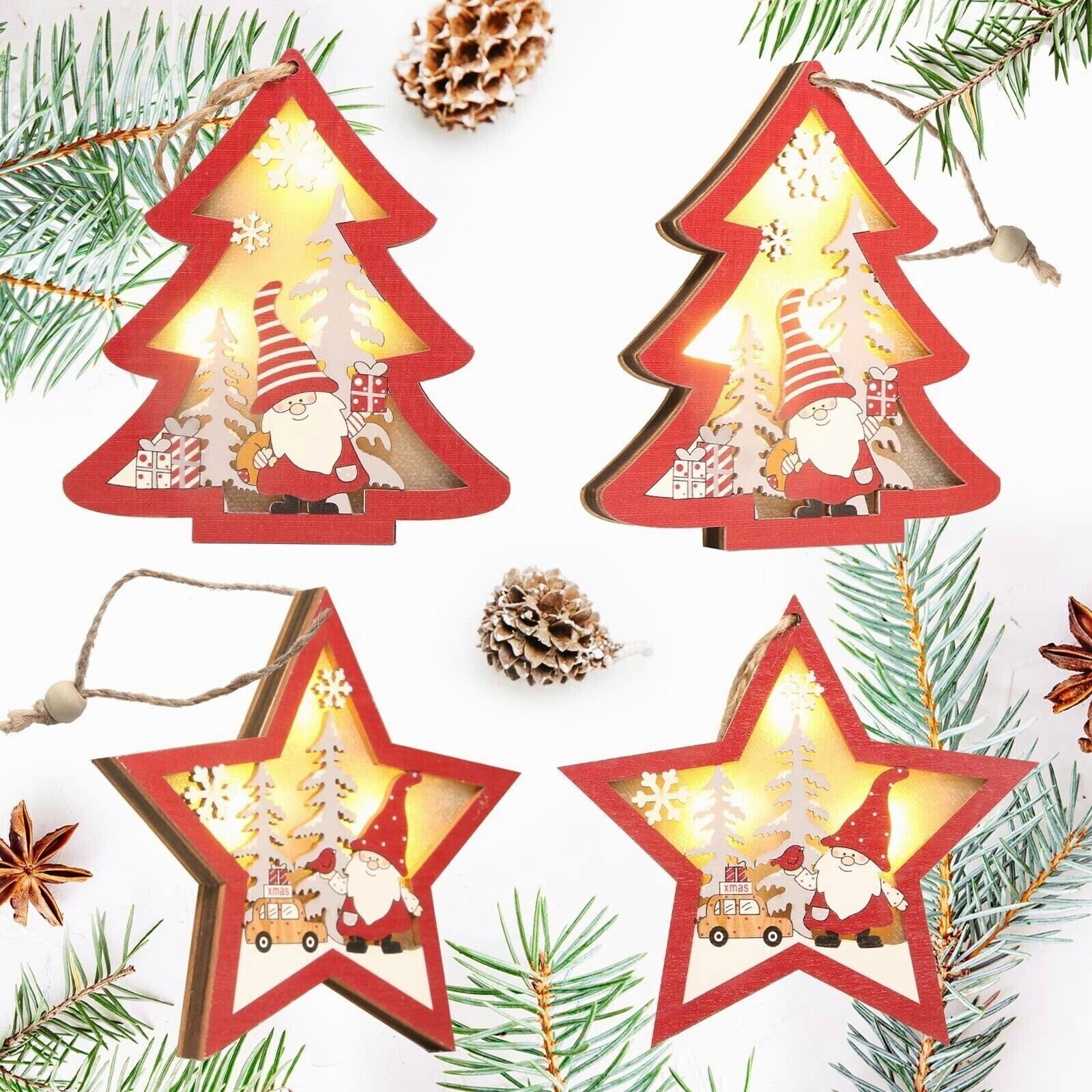 4 Pcs Christmas Ornaments Luminous Wooden Glow Christmas Tree Hanging Ornament