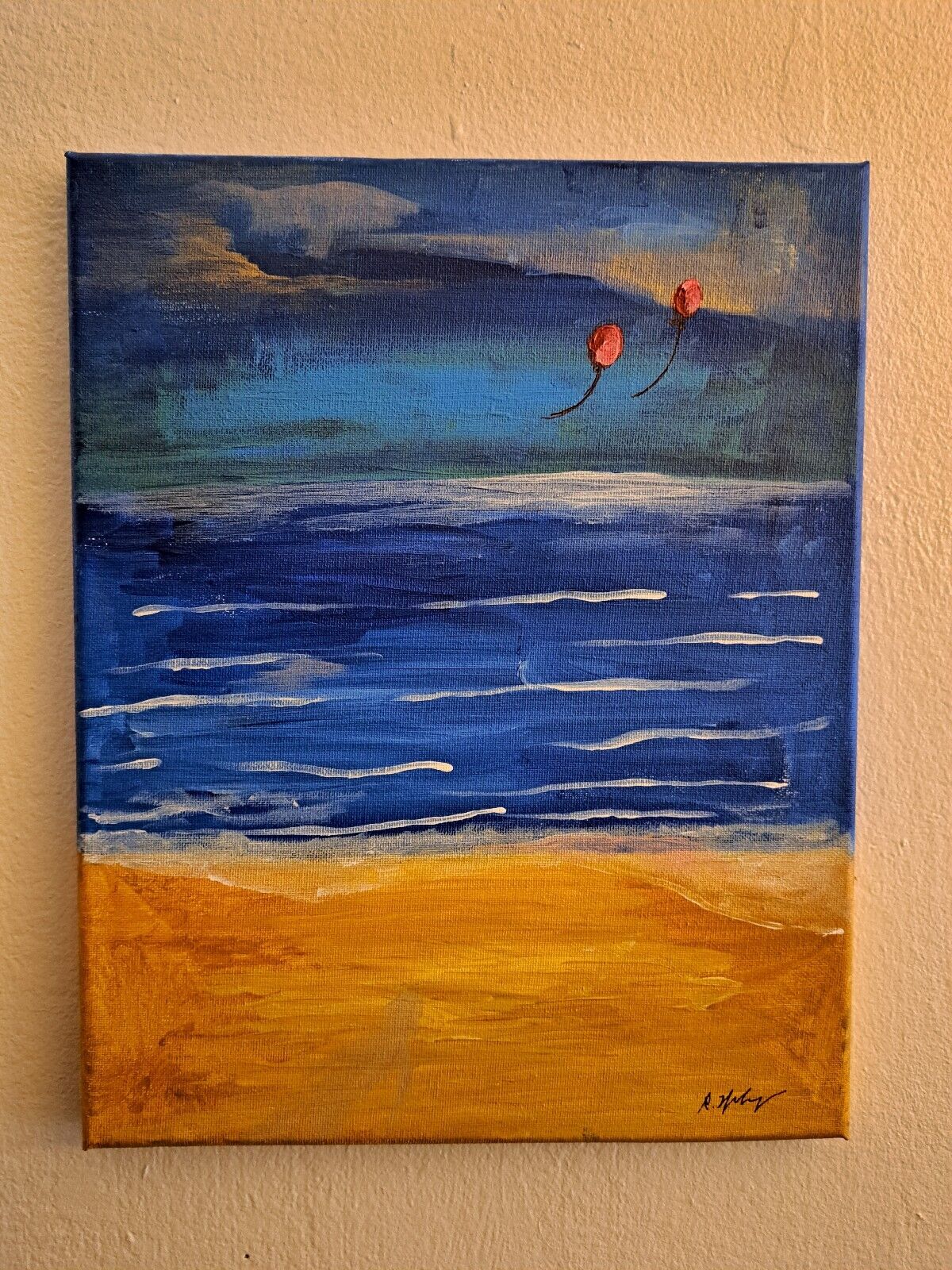 HOKi-painting of Beach,blue Beachscape,OOAK,GIFT,14x11,wall decor,LIMITED,Signed