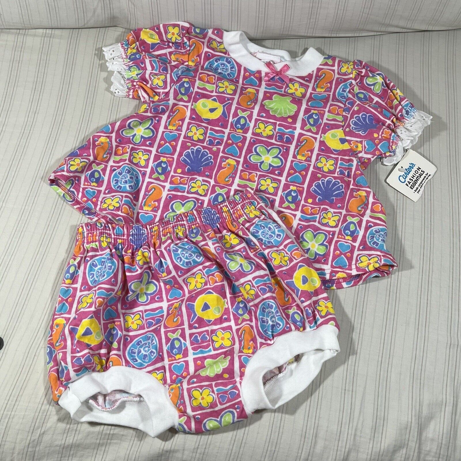 Vintage 80s/90s Carter\'s All Over Fish Print 24 Months 2 Piece Set Pink NWT P2