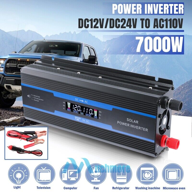 7000W Car Power Inverter DC 12V 24V - AC 110V Pure Sine Wave Solar Converter LCD