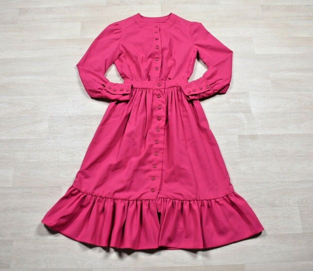 True Vintage 60s Hot Pink Long Sleeve Midi Shirtwaist Fit & Flare Prairie Dress 