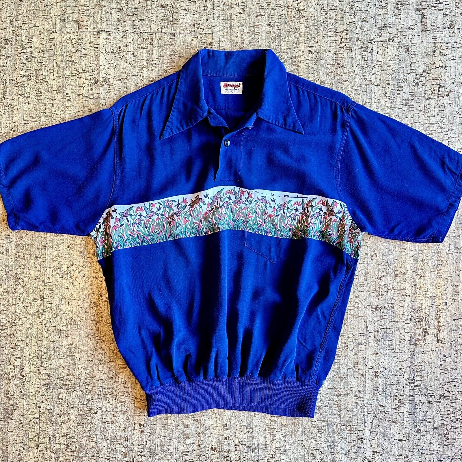 Vintage 1950s Rare Gabardine Blue Novelty Duck Print Gaucho Pullover Shirt M