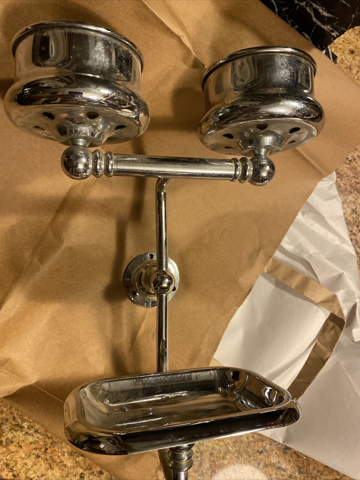 VTG ANTQ BATHROOM SOAP / DOUBLE CUP HOLDER XL 11x8 Chrome?  Brass?