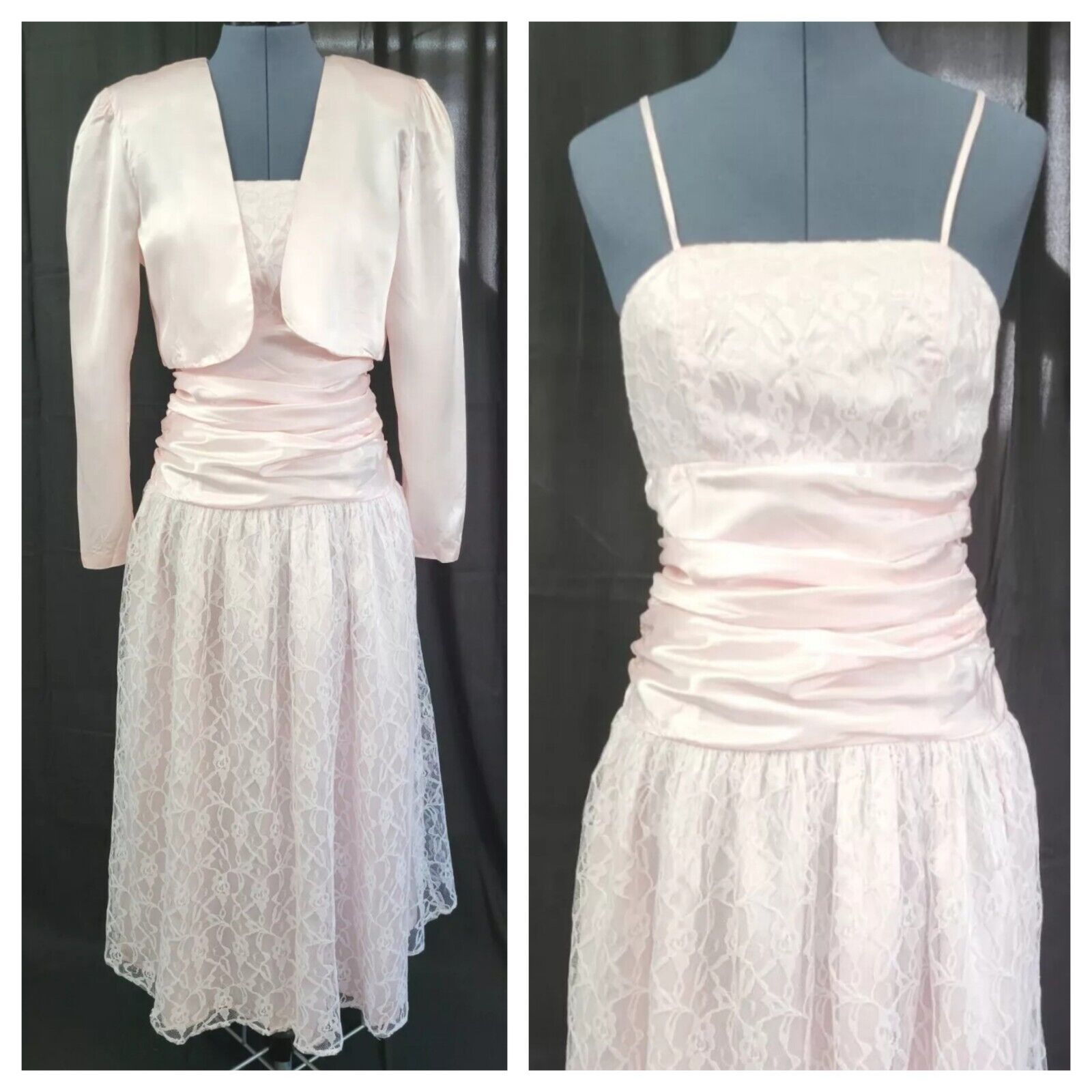 Vintage Pale Pink Satin & Lace Bouffant Prom/Bridesmaid Dress w Jacket Size 11