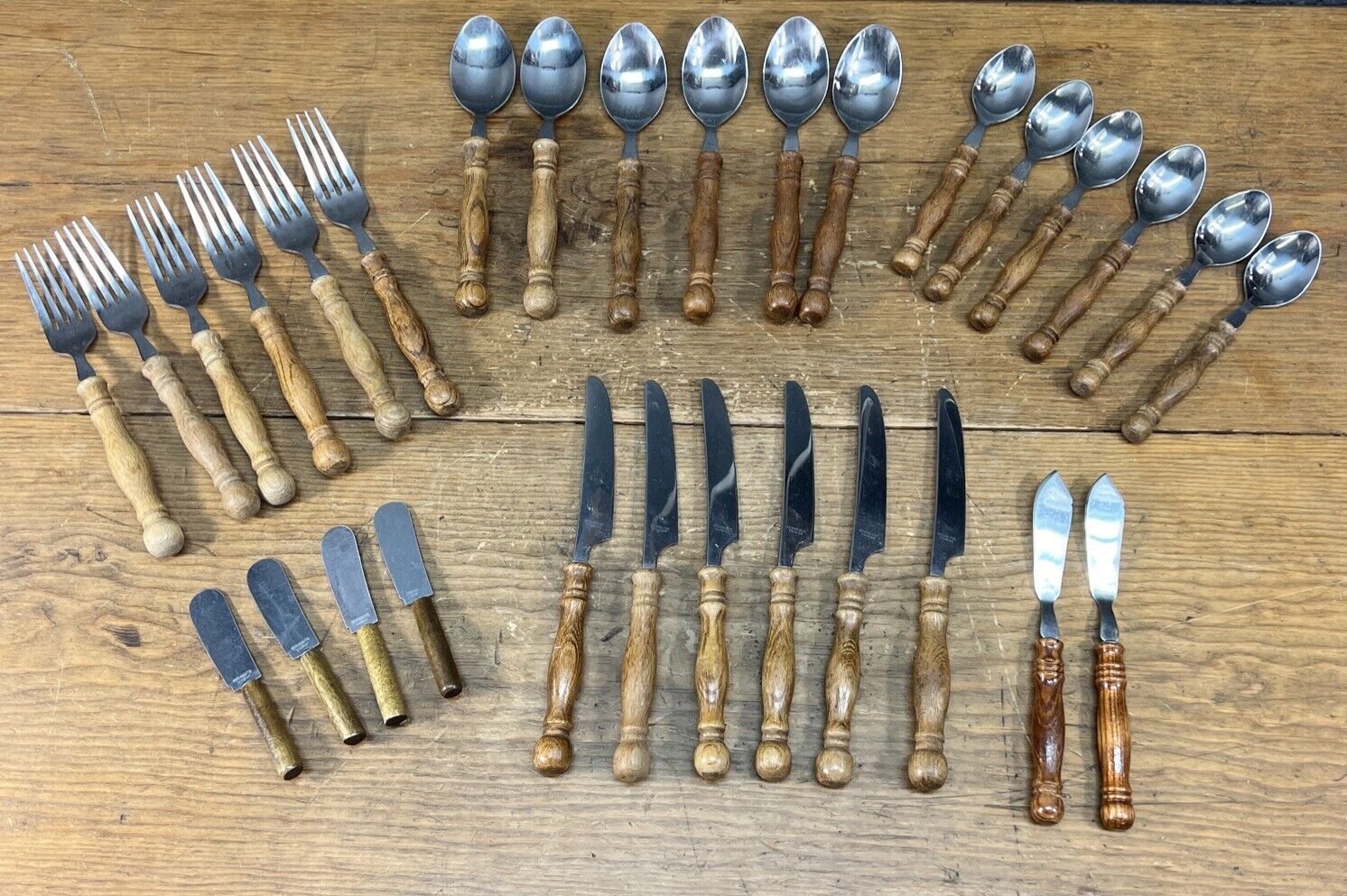 Vintage Wood Handled Stainless Taiwan Flatware 30 Piece Log Cabin Cottage Core