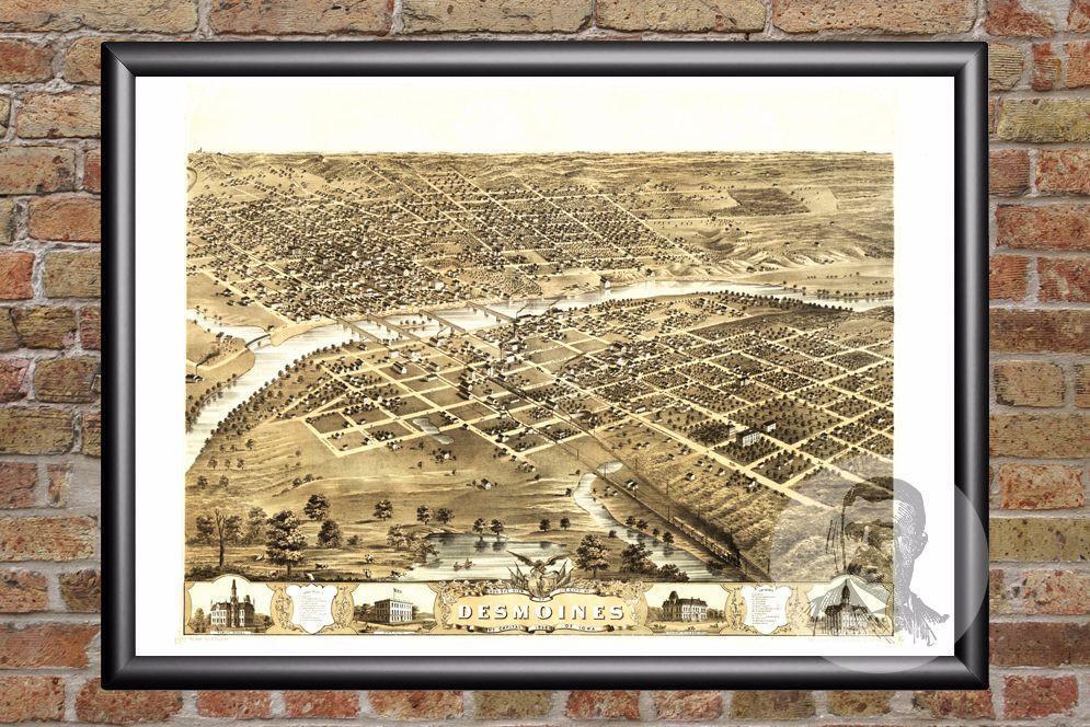 Vintage Des Moines, IA Map 1868 - Historic Iowa Art - Old Victorian Industrial