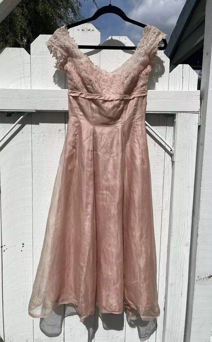 1950s Kay Selig Silk Cocktail Dress Lace Pink A Line Midi