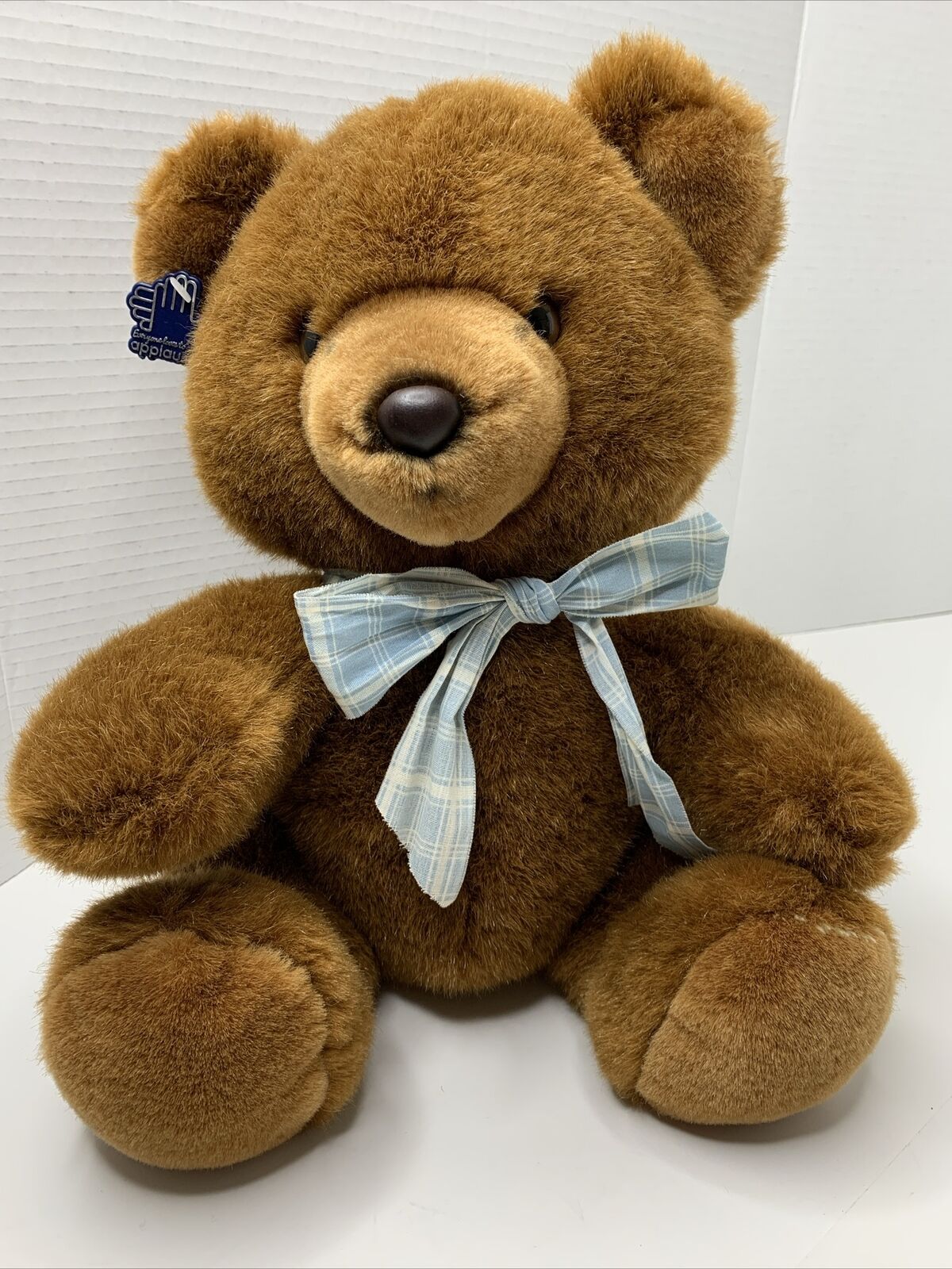 Vintage 1986 Applause Brown Bear Sitting Teddy Blue Ribbon Original Tags