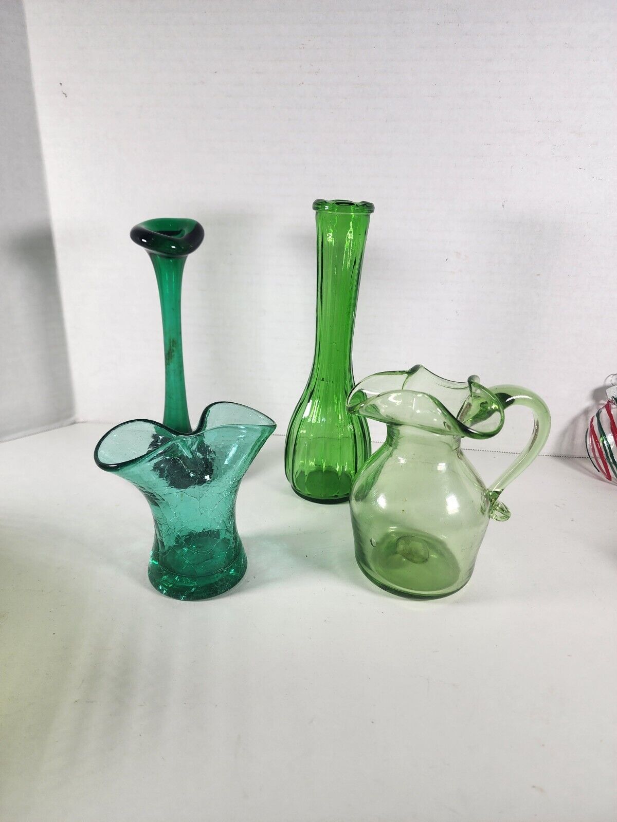 Vintage MCM Hand Blown 2 Glass Flower Bud Vase Heavy Flat Base + 2 Green ArtDeco