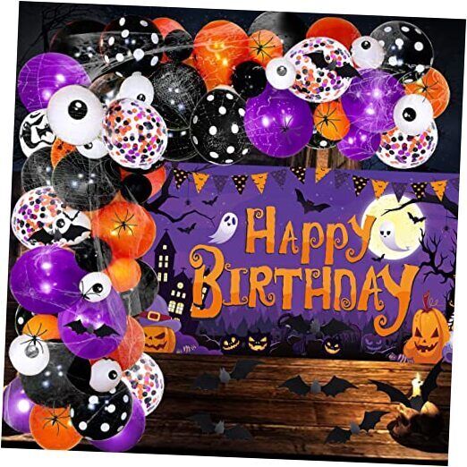 Halloween Birthday Party Decorations, Halloween Birthday Backdrop Banner Purple