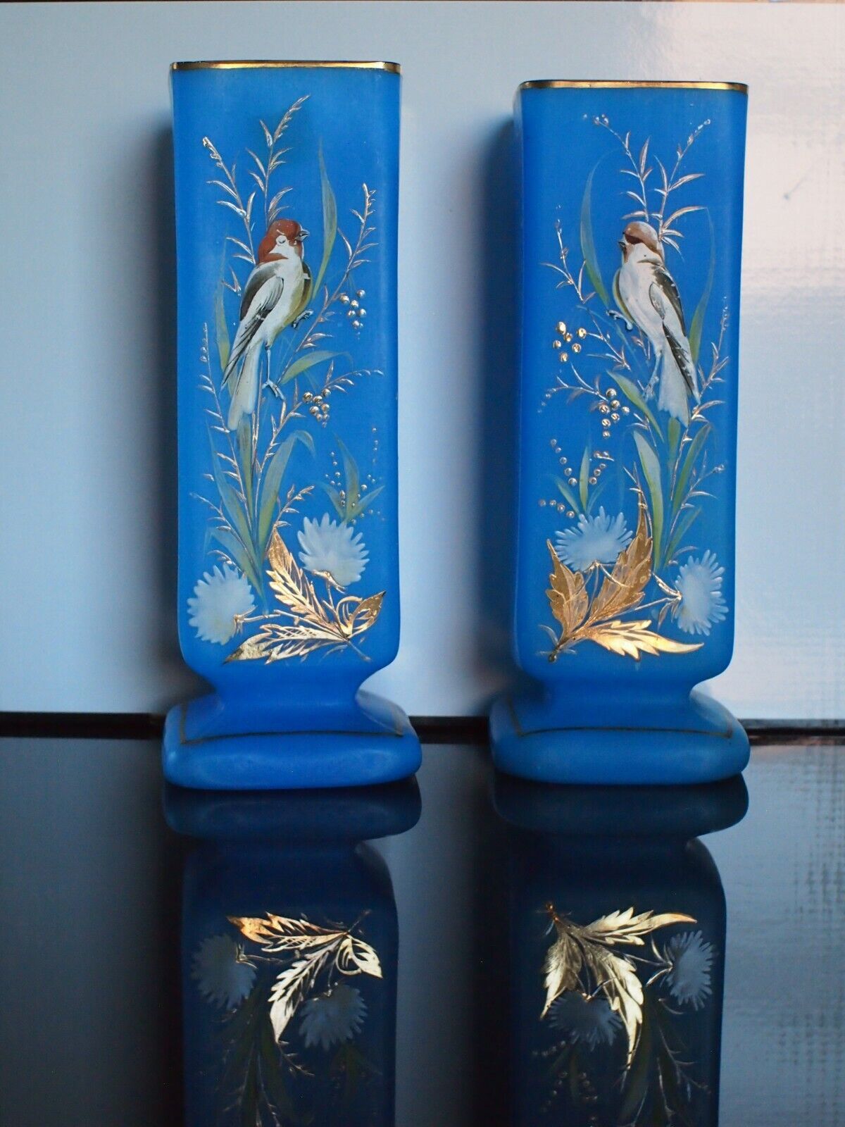 ** RARE ** Stunning Antique Blue ART GLASS Vase Pair, Handpainted, 11\