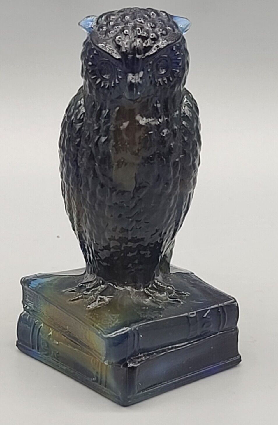 VTG Degenhart Glass Cobalt Blue Slag Wise Owl On Books Figurine Paperweight