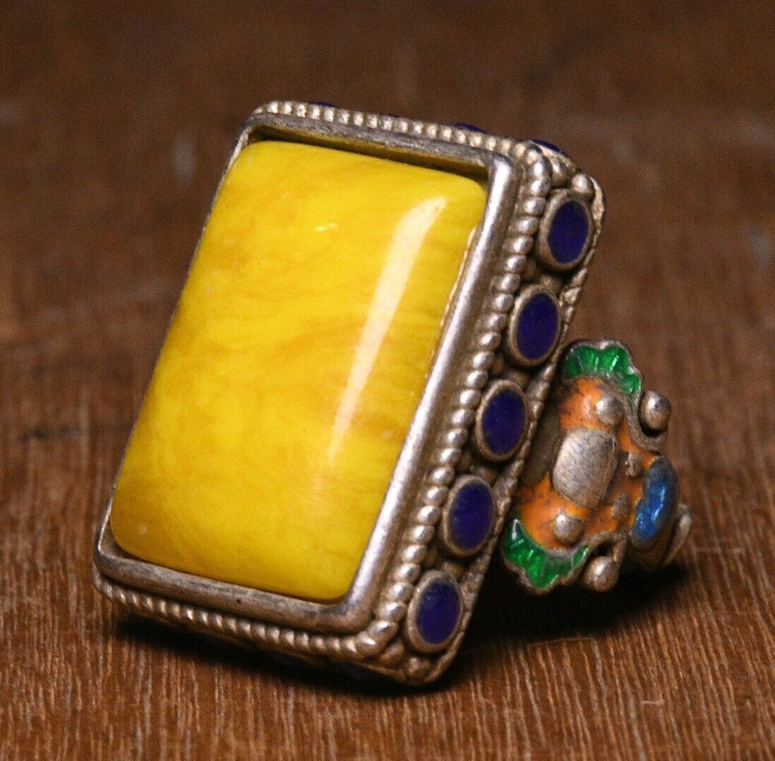 3CM Antique Old Chinese Cloisonne Silver Inlay Gems Flower Jewelry Figure Ring