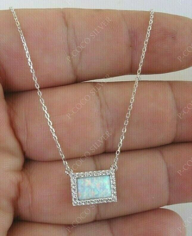 Vintage Opal & Diamond 4Ct 14k White Gold Finish Pendant & With Chain Necklace