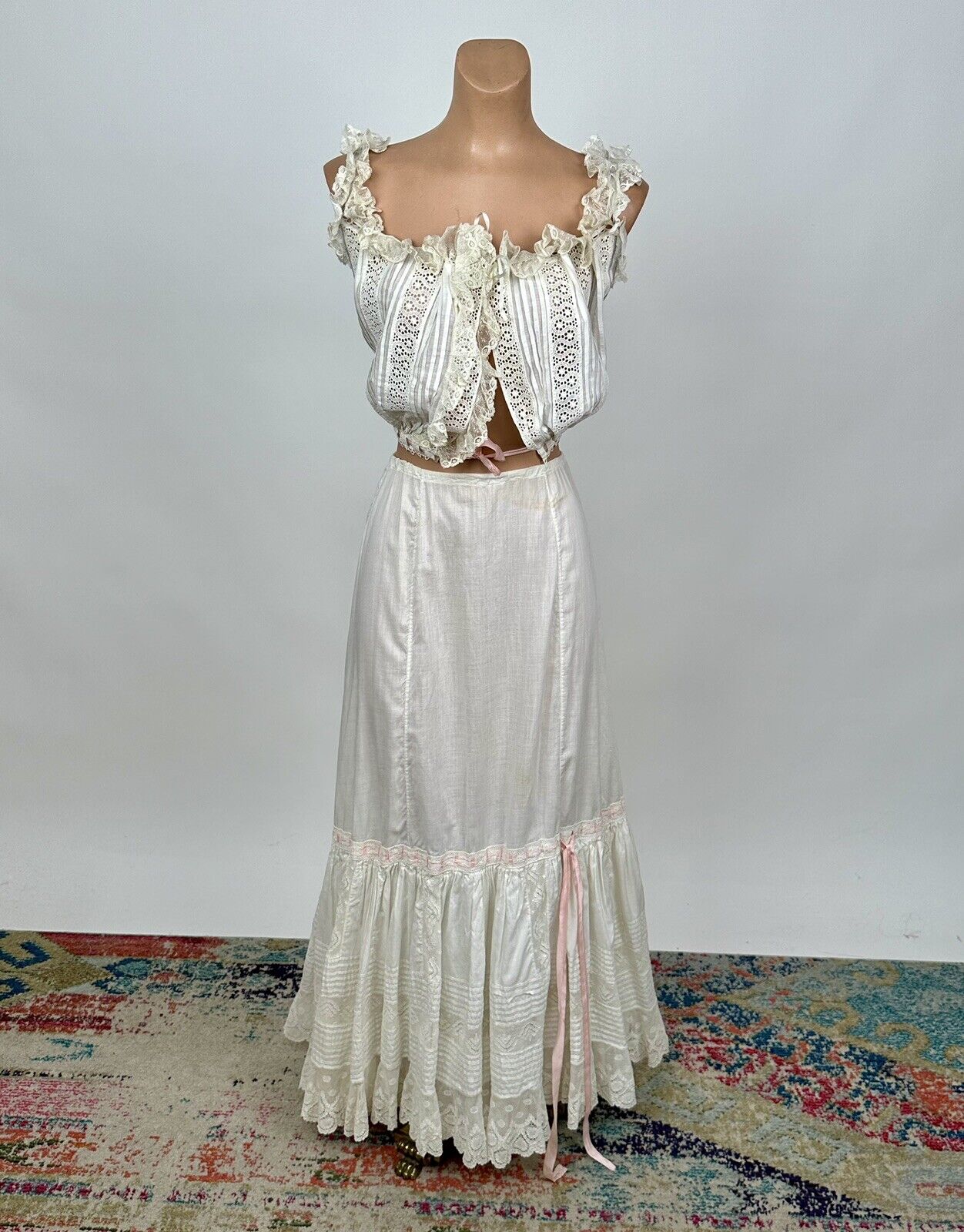 Victorian 1890s Set Corset Cover Pantaloons Petticoat Skirt White Cotton Lace