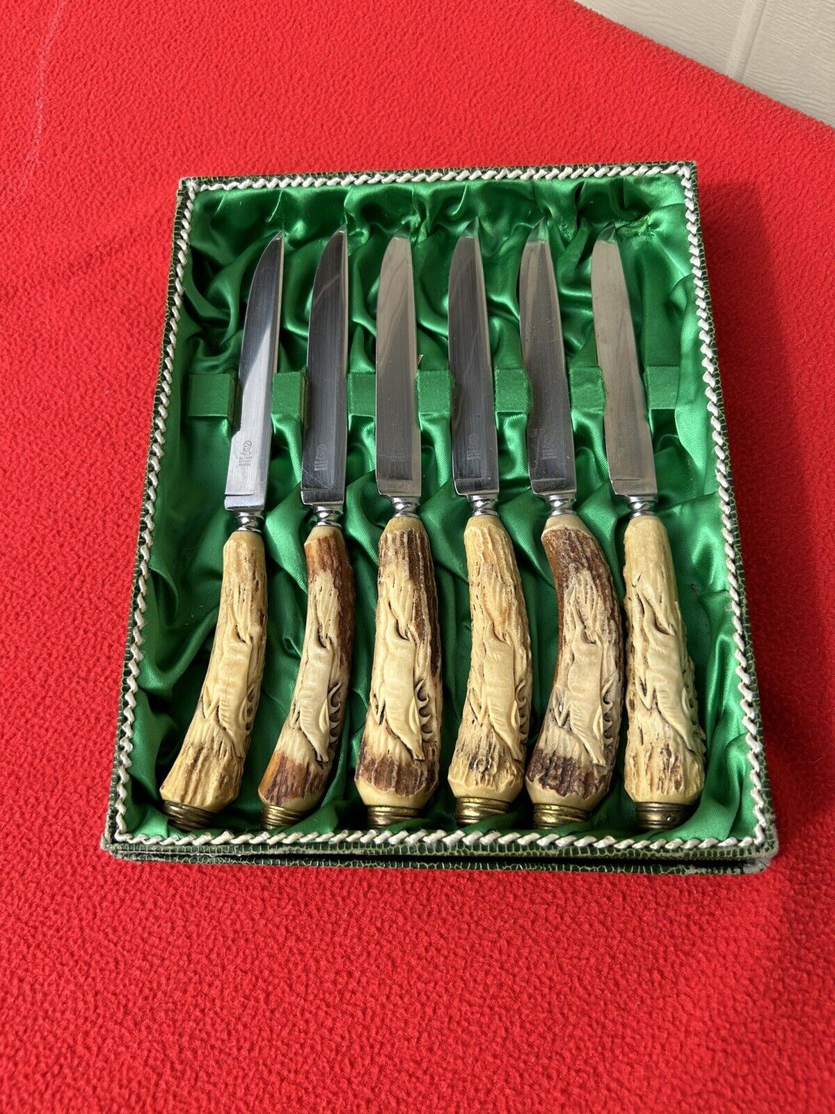 Vintage Othello Solingen Germany Rostfrei Stag Antler Knife Set In Box