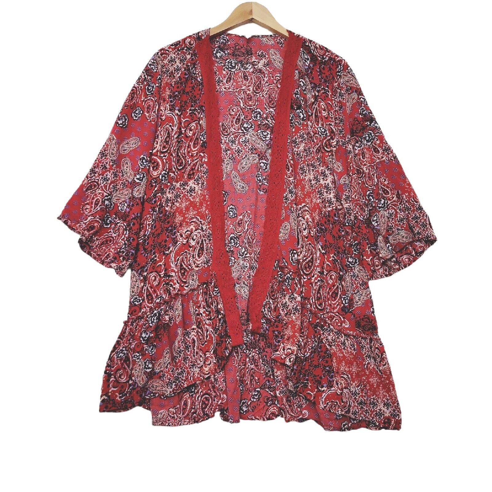 Maurices Womens Plus Size 1X Kimono Open Front Red Paisley 3/4 Sleeve Lace Trim