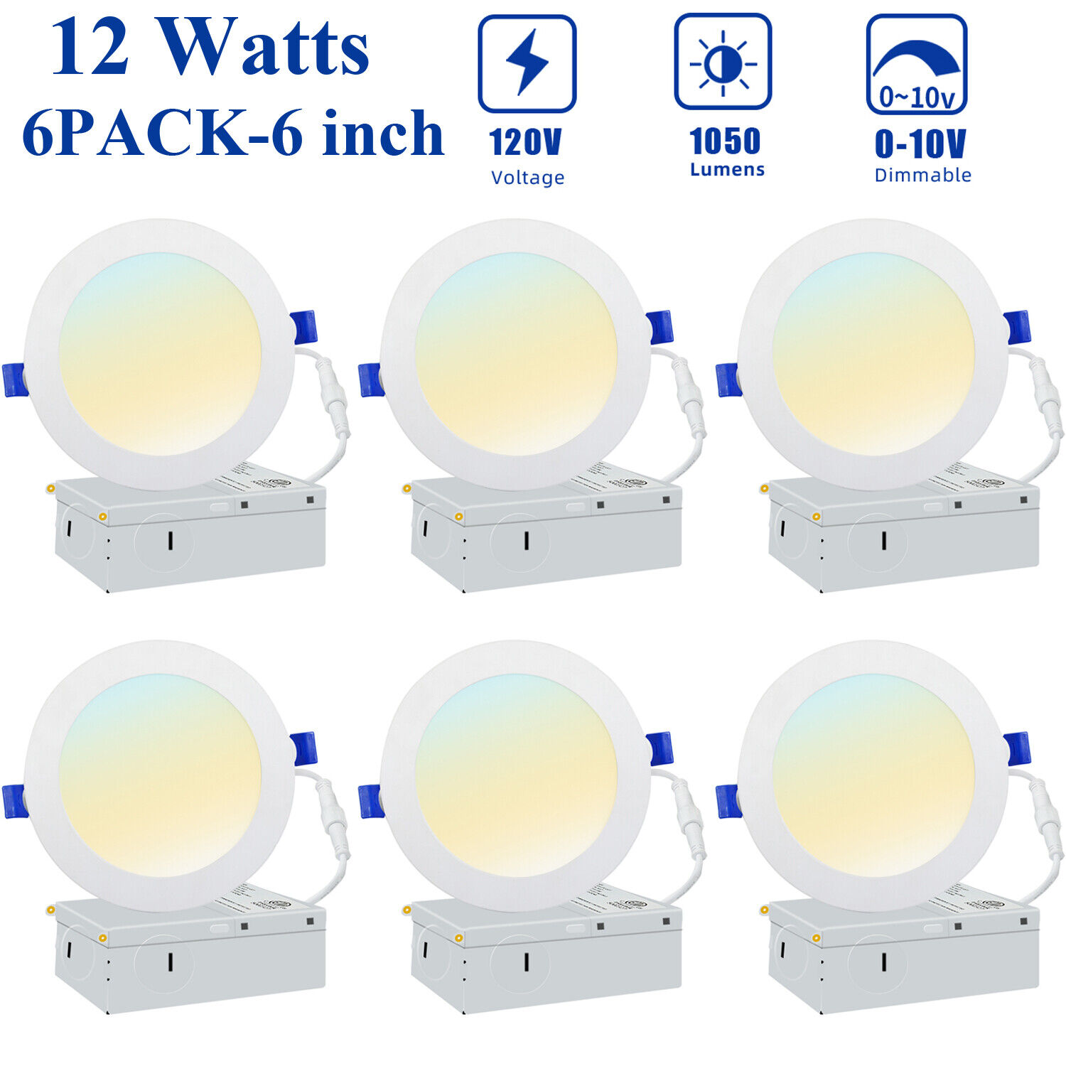 6 Inch Edge Lit Recessed LED Lights - 12W - 1050 Lumens  - 3CCT White - Dimmable