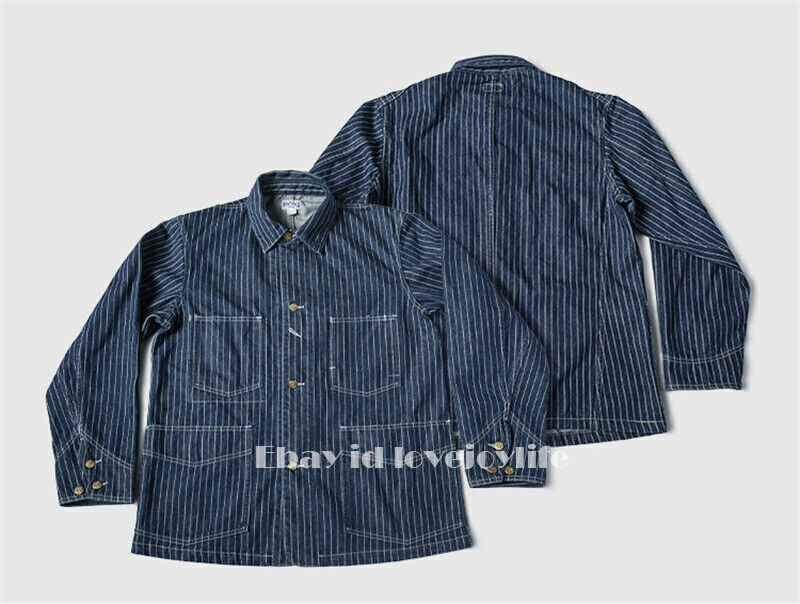 Retro 1930\'s Washable Chore Jacket Vintage Mens Railroad Stripe Denim Coat Blue