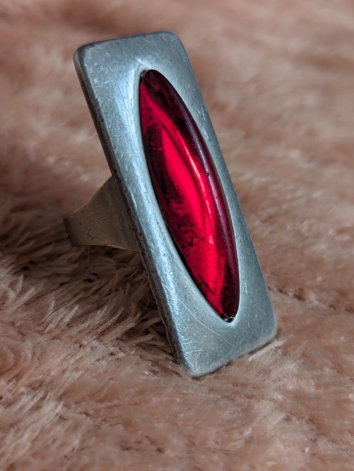 Vintage 1960's Large Red Glass Jorgen Jensen Denmark Pewter Adjustable Ring