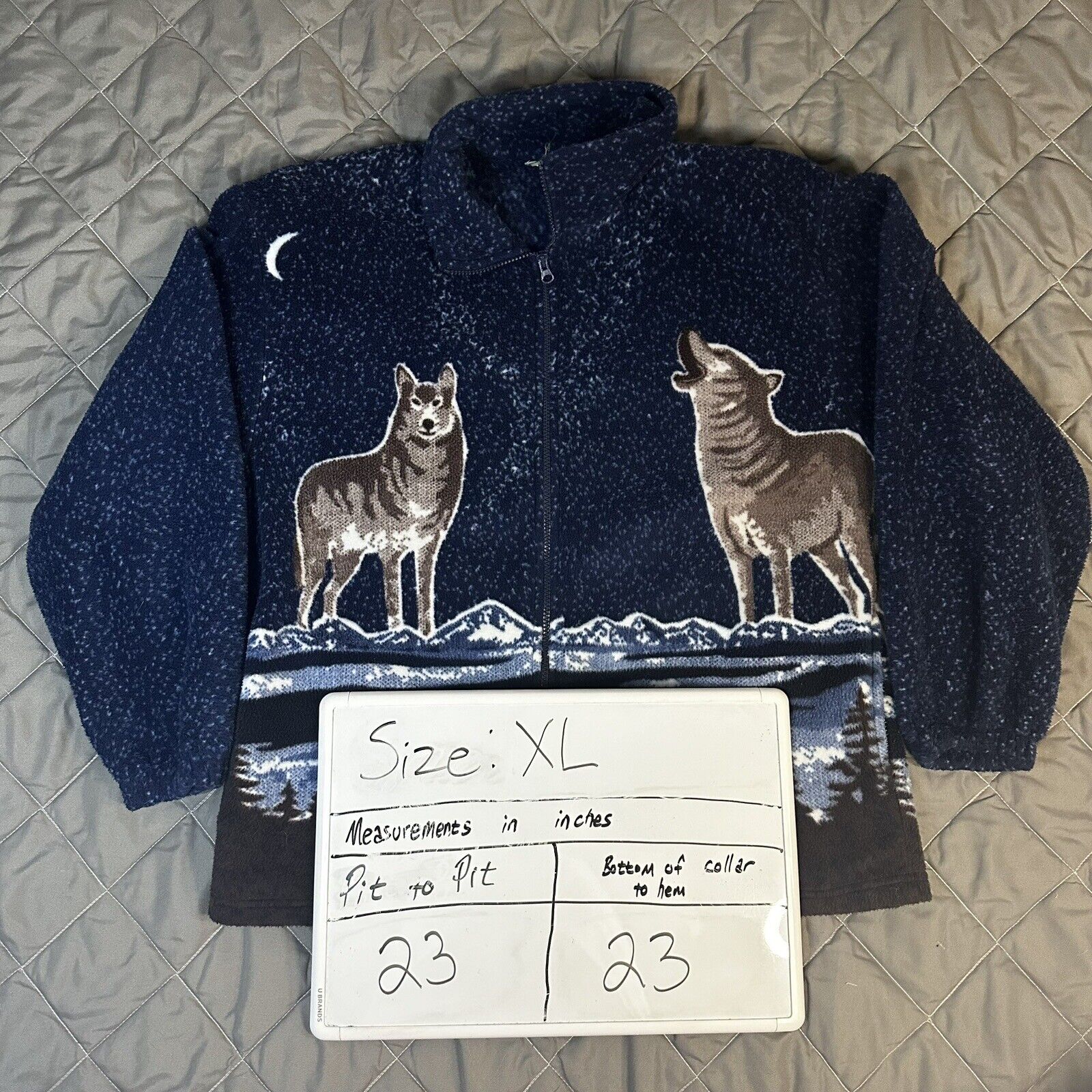 VINTAGE Wolf Nature Jacket Mens Extra Large Blue Outdoors AOP 90s Stars Howl