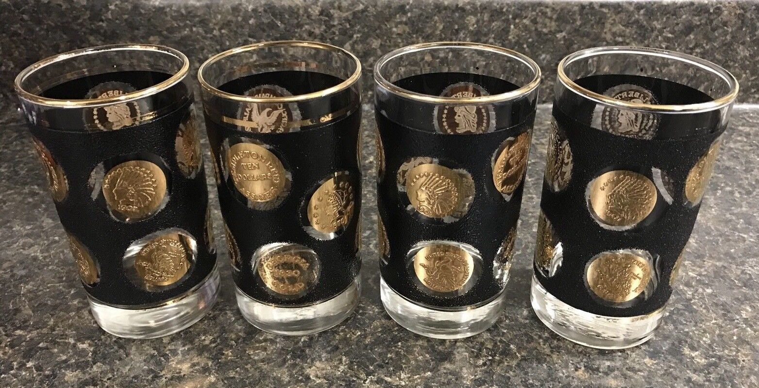 Set of 4 • Vintage Libbey Mid Century Black & Gold Coin High Ball Glasses