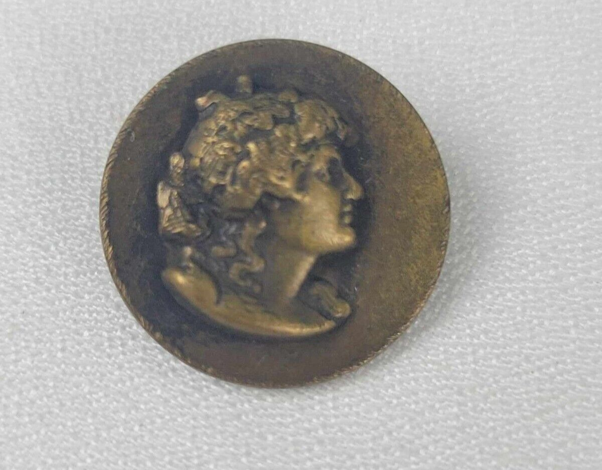 Antique Victorian Brass Stamped Wire Shank Button Greek Bust Eingetr Muster