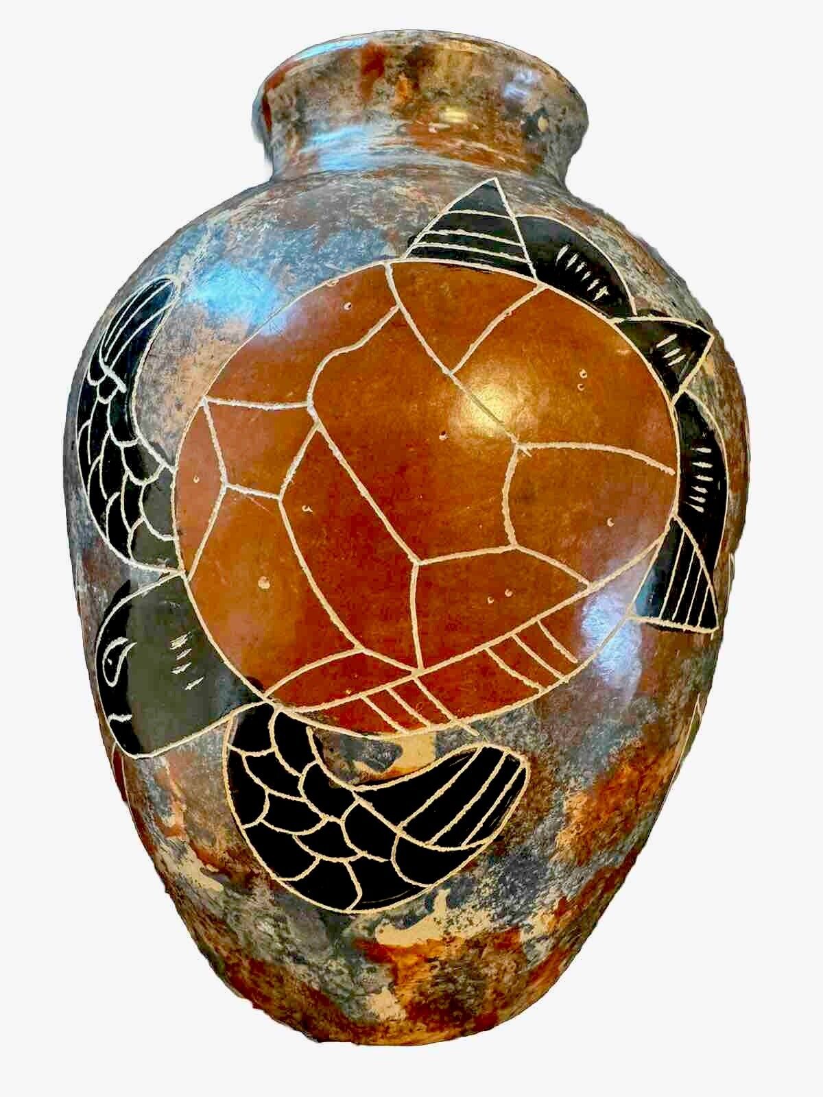 Nicaraguan Vase Turtle Pottery Folk Art Sea Tortoise Etched Terracotta Clay