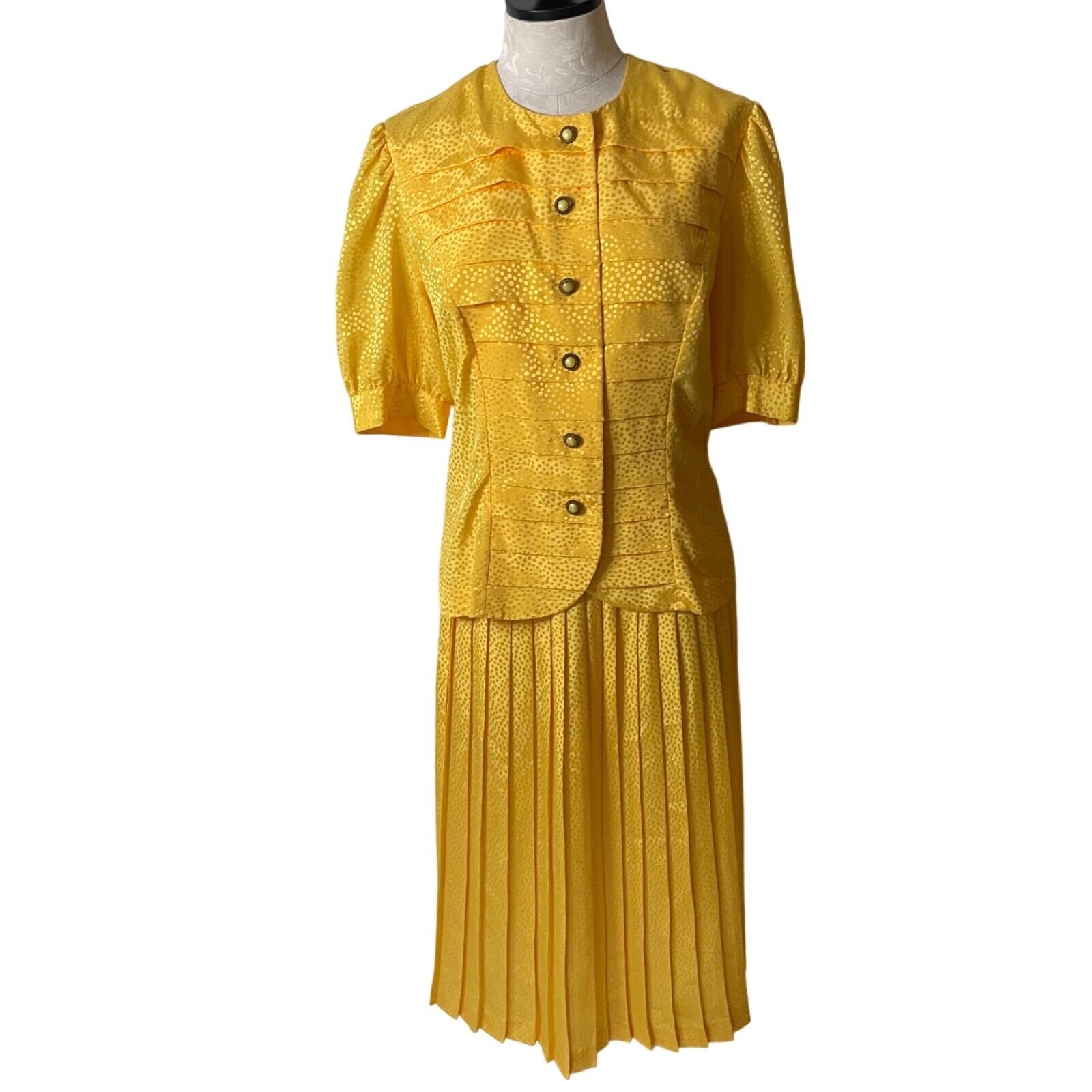 Andrea Gayle Skirt Set Womens Size 10 Vintage Pleated Yellow Polka Dot