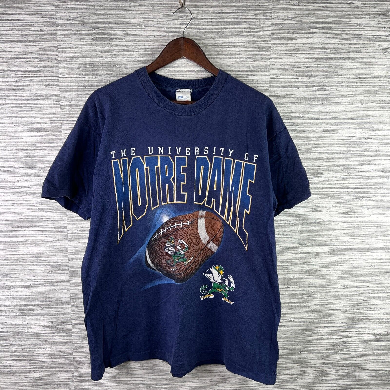 VINTAGE Notre Dame Fighting Irish Shirt Mens XL Blue Single Stitch 90s Football