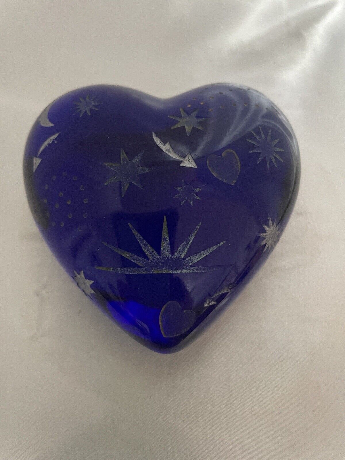 Vtg Cobalt Blue Heart Paperweight W/ Etched Star Moon Sun Signed 2004