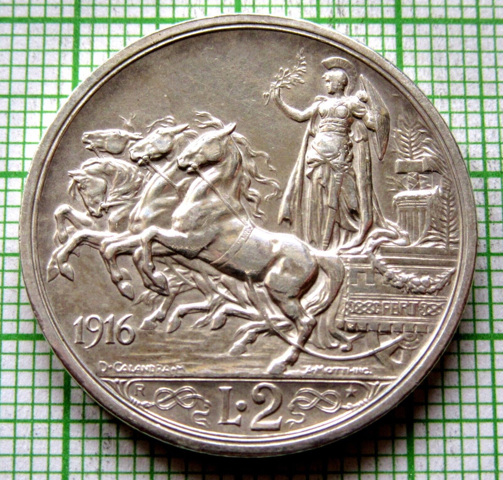 ITALY VITTORIO EMANUELE III 1916 R 2 LIRE, QUADRIGA, 0.835 SILVER HIGH GRADE