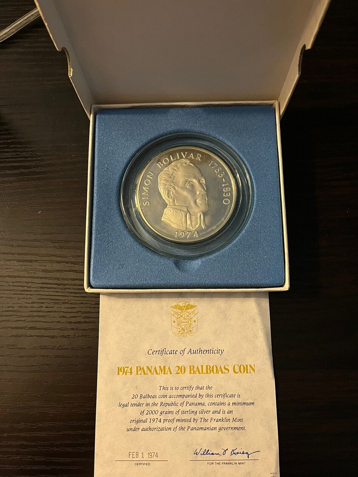 1974 Republic of Panama 20 Balboas 925 Silver Proof Coin With COA &Box