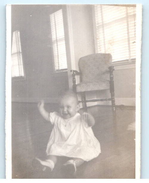Vintage Photo 1947, Cute Baby on Hardwood Floors , 4.25x3.25