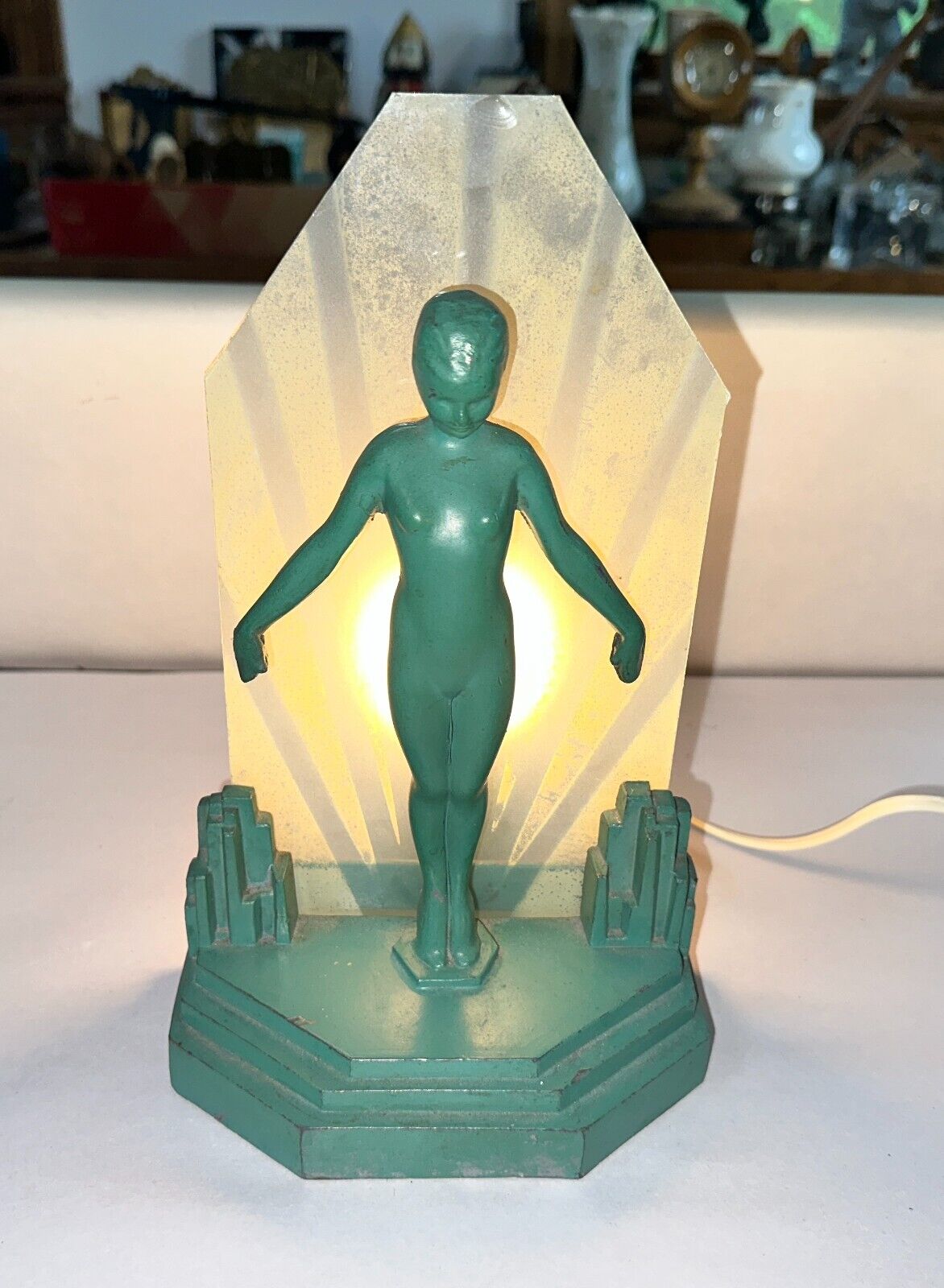 Rare Antique Art Deco FrankArt Green Metal Silhouette Nymph Lamp Light