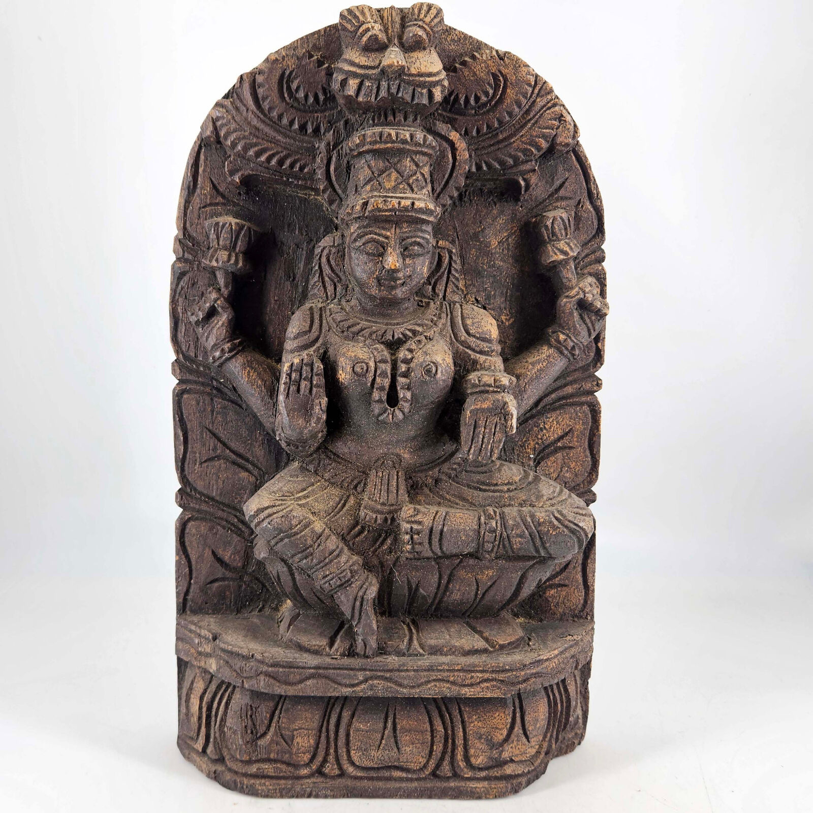 Vintage Indian Hand Carved Wood Hindu Goddess Saraswati panel figurine
