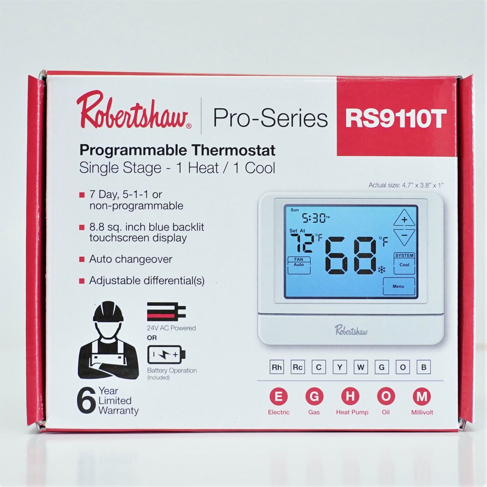 Robertshaw RS9110T Programmable Wall Thermostat 1 Heat 1 Cool Touchscreen
