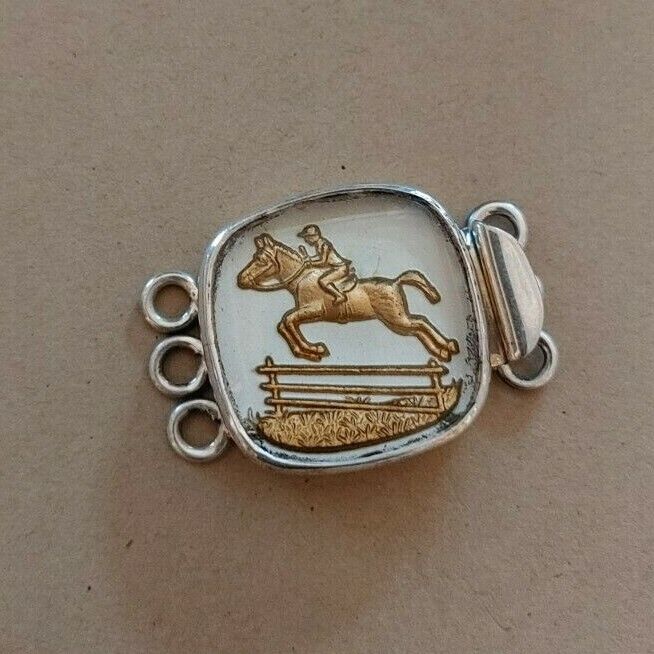 vintage sterling silver square large box clasp jumping horse 22x22x7mm 3 strands