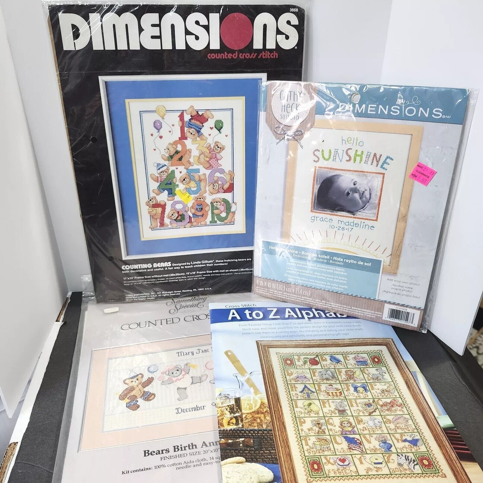 Dimensions Counted Cross Stitch Kits Birth Announcement Bears Alphabet Lot Of 4