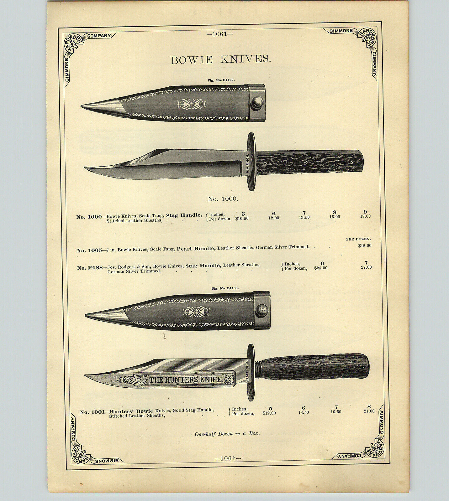 1890 PAPER AD H M Finch Bowie Knife Dirks Hunter\'s Pearl Bone Buff Handle Sheath