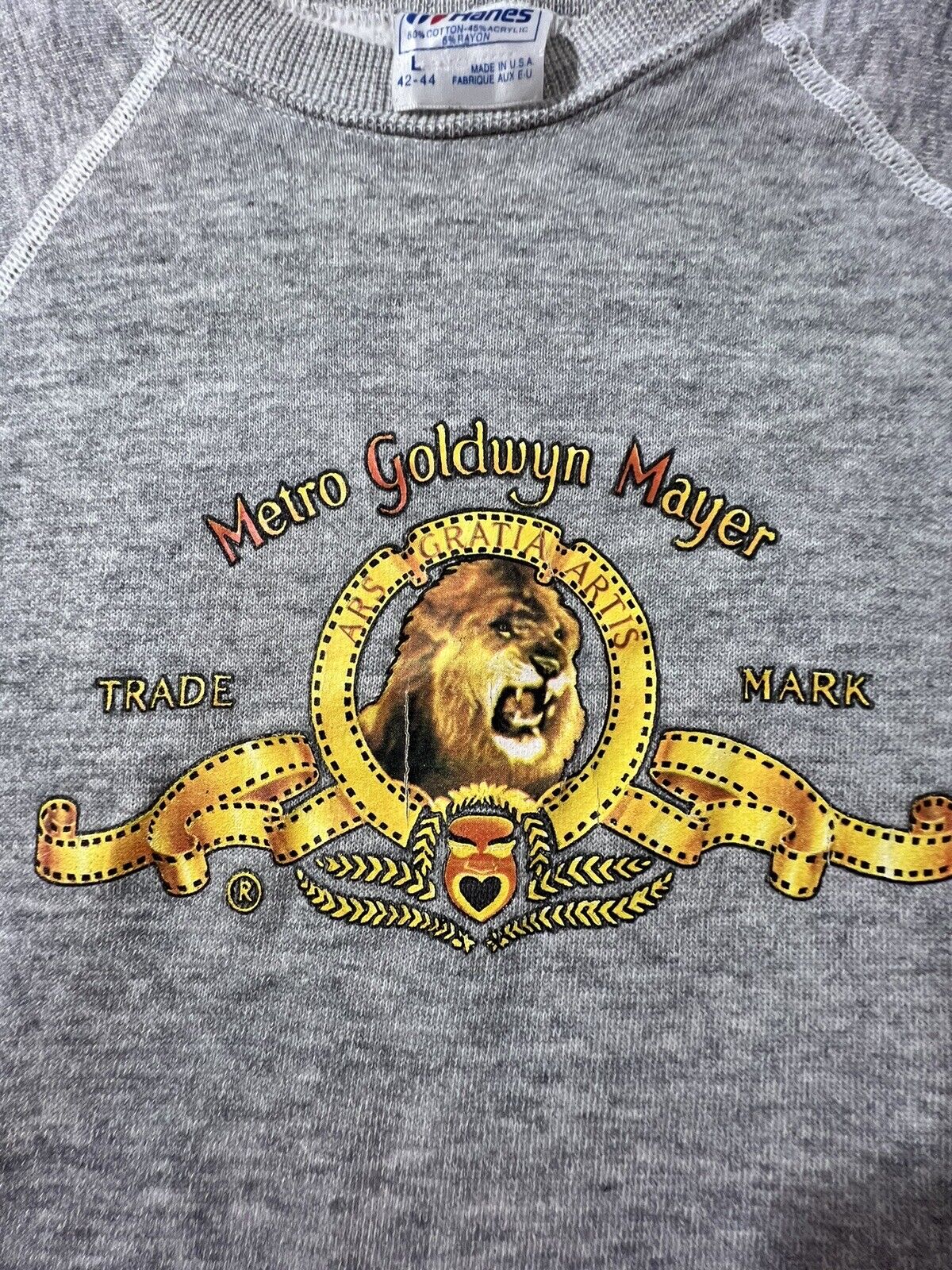 Vintage 1980\'s MGM Metro Goldwyn Mayer Lion Logo Gray Pullover Sweatshirt Large