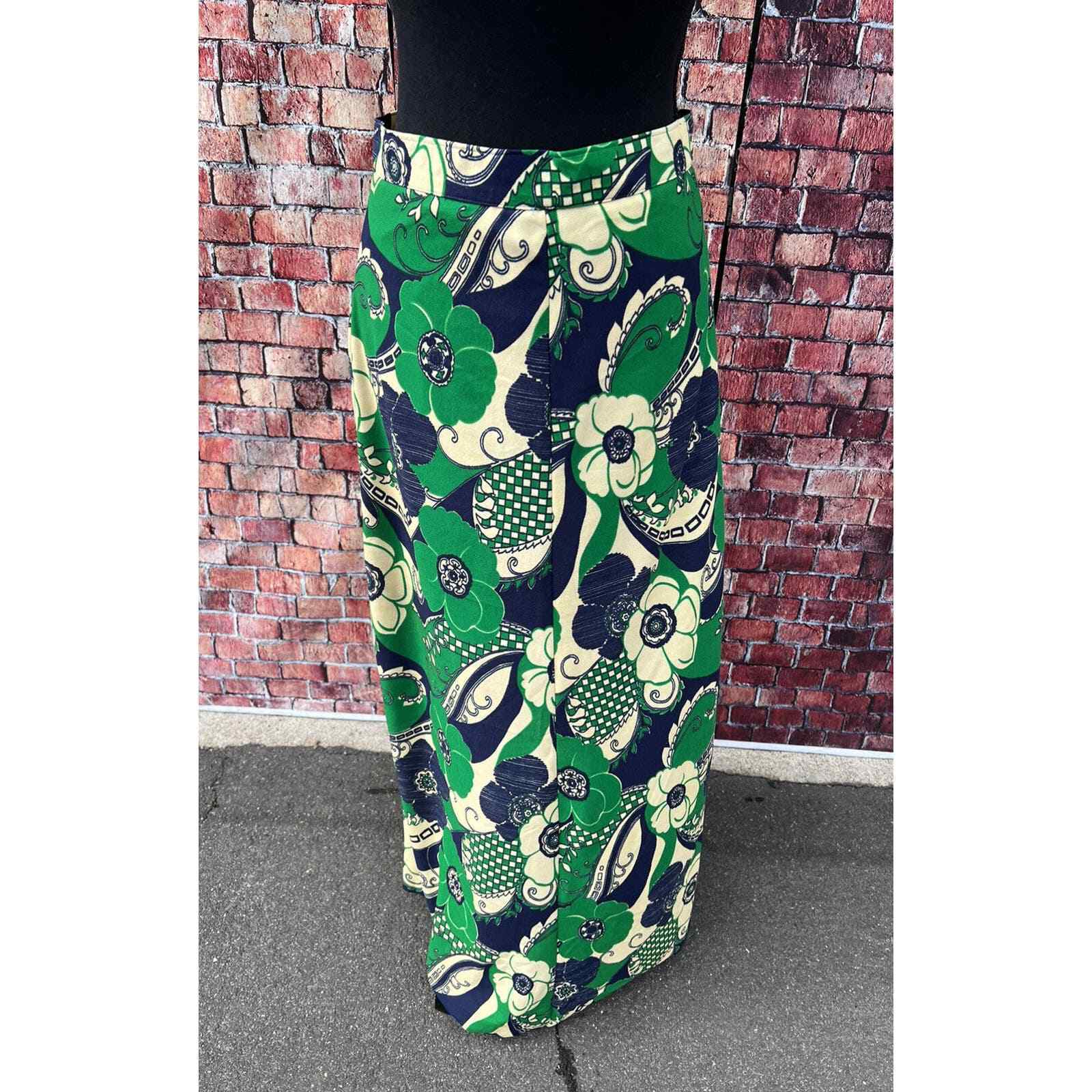 Vintage 1960\'s 70\'s Floor Length Green Floral Mod Maxi Skirt Women\'s Medium