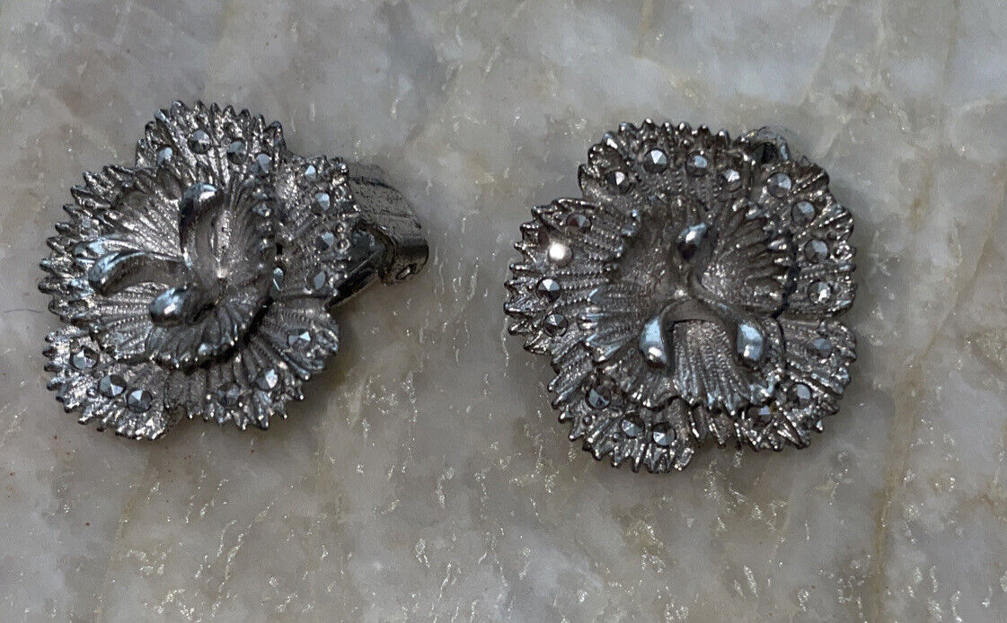 Vintage GERMANY Sterling Silver Gorgeous Flower  Clip On Earrings