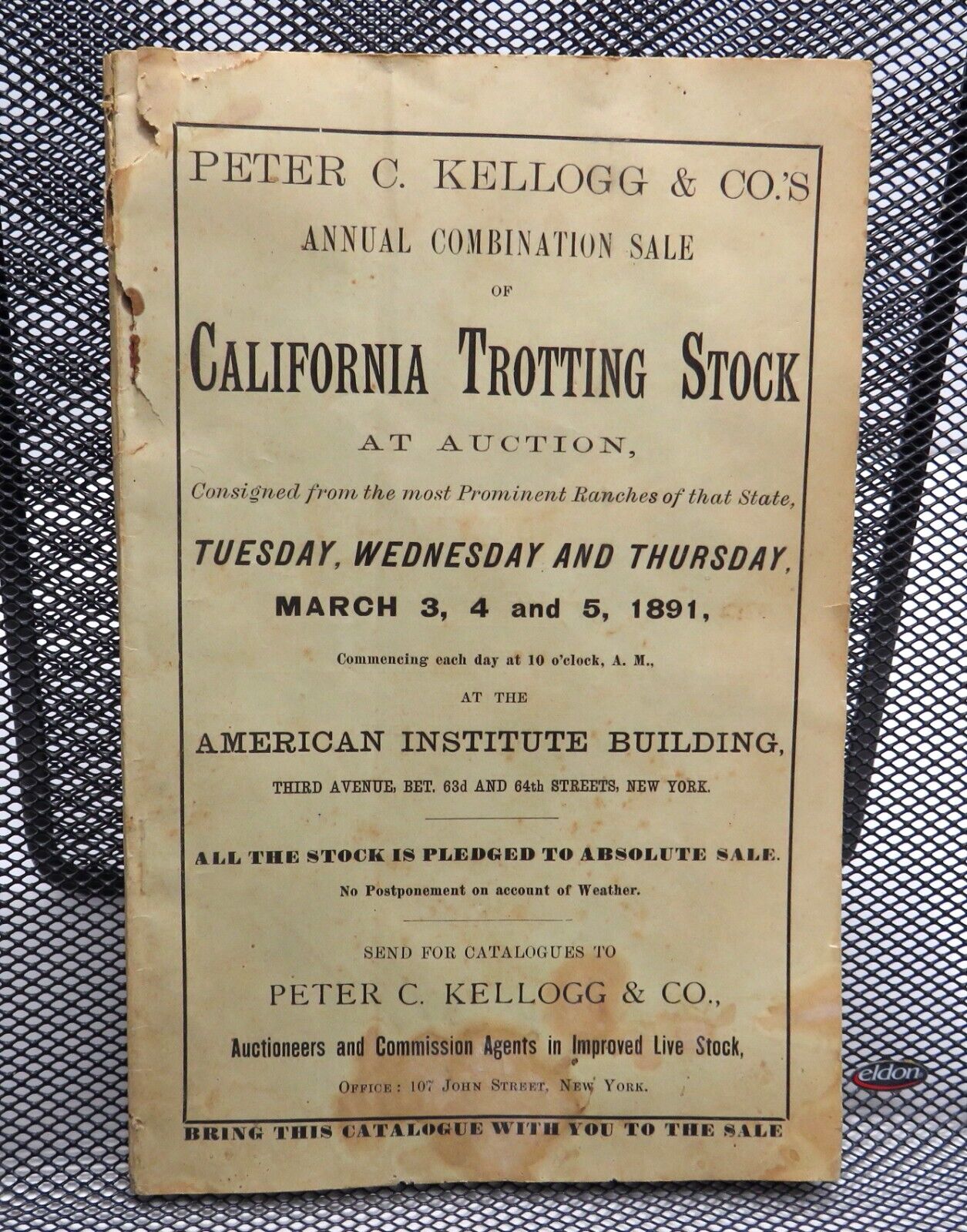 RARE 1891 California Race Horse Trotting Stock Auction Catalog Peter Kellogg NY