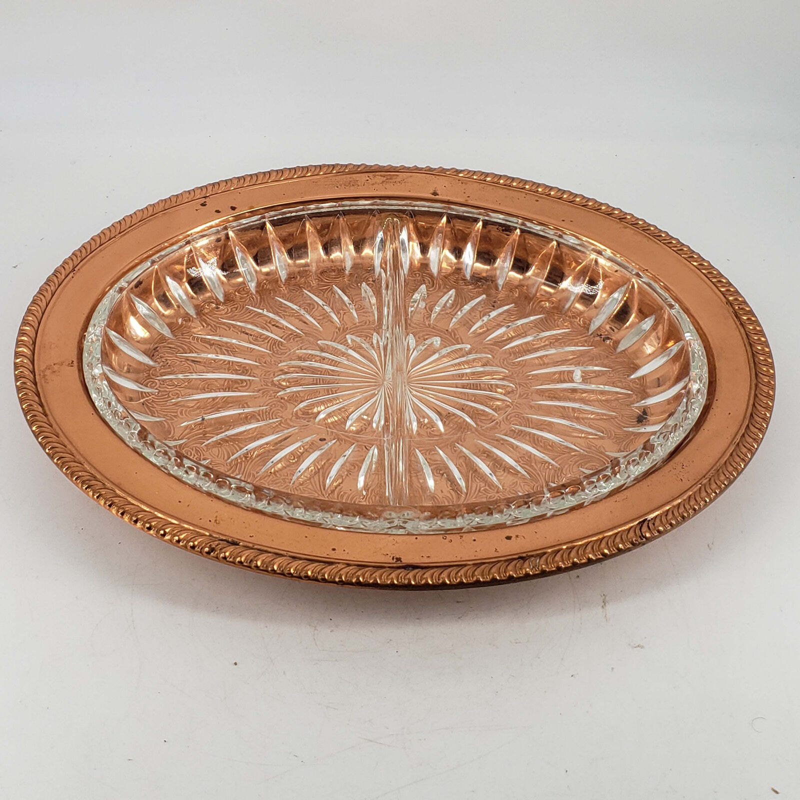 Vintage Coppercraft Guild Ornate Copper Oval Dish W/Glass Insert