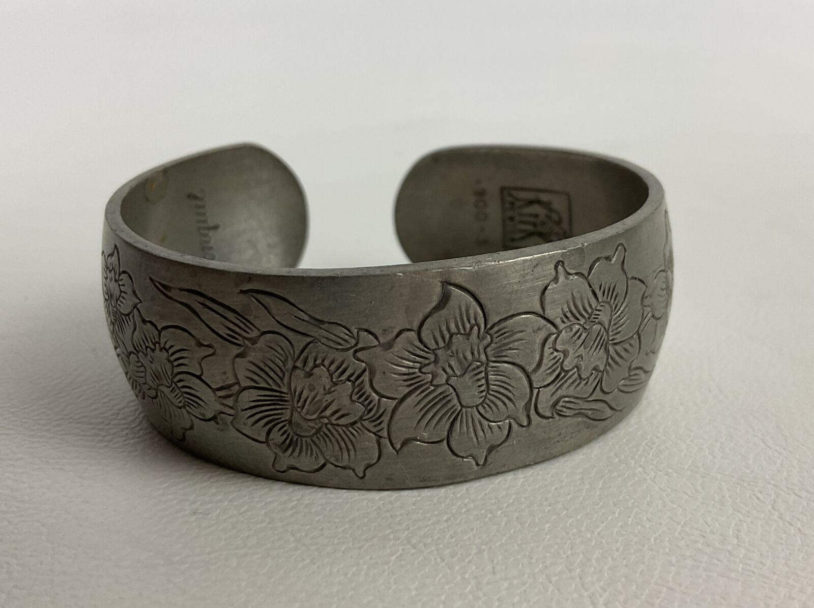 Vintage Kirk Stieff Pewter Bracelet Cuff Floral Engraved Silver Tone Signed