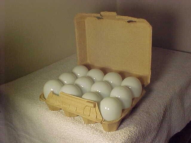 12 Antique  Hand Blown White Milk Glass Nesting Chicken Eggs in AN OLD CONTAINER