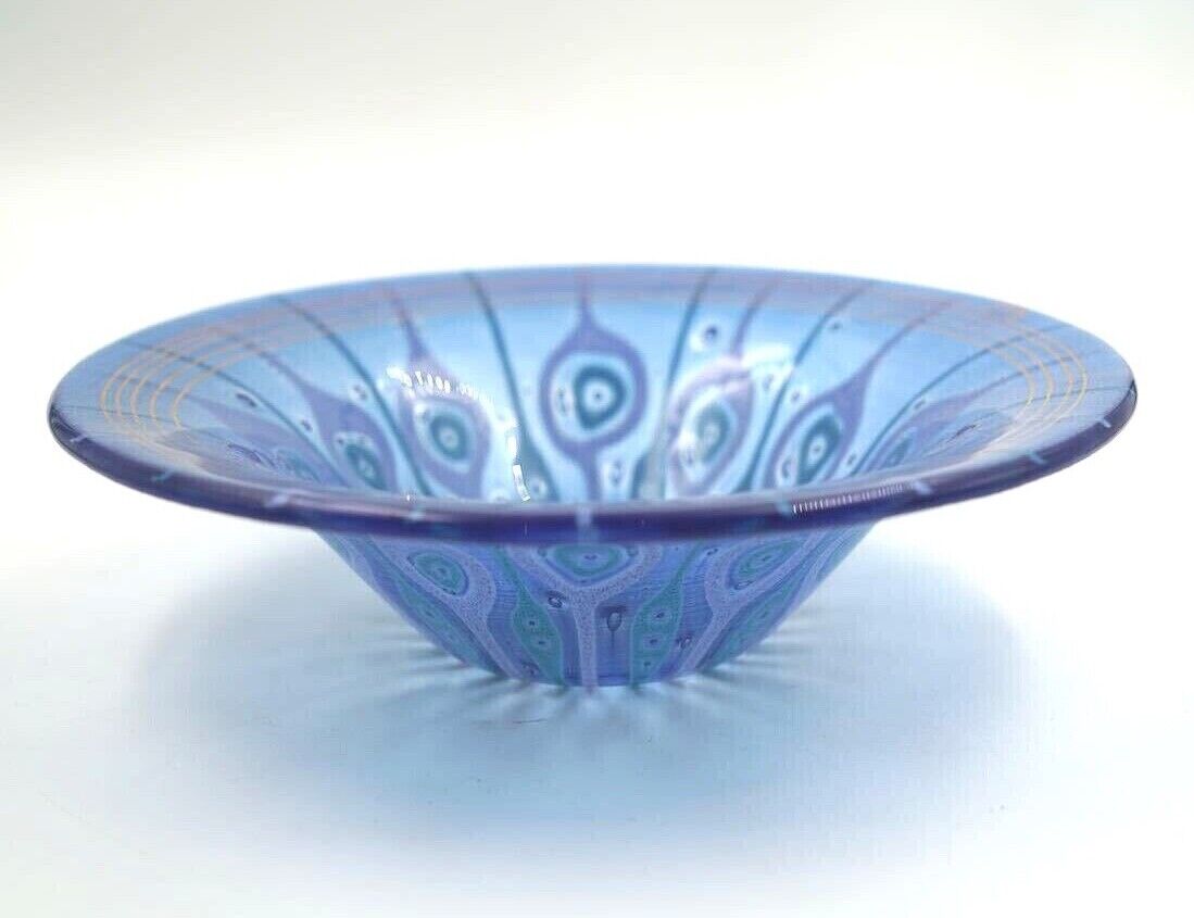 Vintage MID CENTURY MODERN Higgins Signed Blue Peacock Bowl ART GLASS